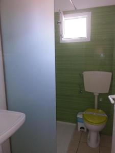 baño verde con aseo y ventana en By the Sea Apartments-studios, en Siviri