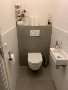 a small bathroom with a toilet and a sink at Great B&B at Amstelbeach in Amsterdam