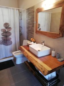 ein Badezimmer mit einem Waschbecken, einem WC und einem Spiegel in der Unterkunft Seven Islands in Gaios