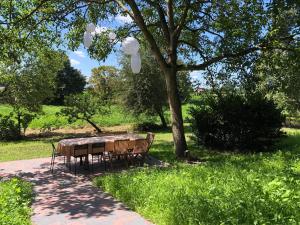 stół i krzesła pod drzewem w parku w obiekcie Op den Heust w mieście Arendonk
