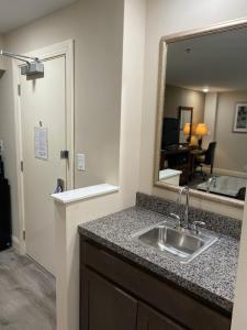 a bathroom with a sink and a mirror at Clayton Plaza Hotel & Extended Stay in Clayton