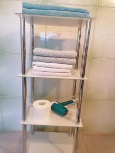 a towel rack with towels and toiletries in a bathroom at Apartment V&N, LAKE BOHINJ in Bohinj