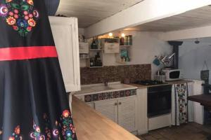 a kitchen with a christmas tree in the corner at VITIcoloris - Remise Viticole in Pépieux