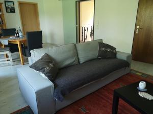 ein graues Sofa im Wohnzimmer mit einem Tisch in der Unterkunft Ferienwohnung "In de Ühl" in Hürtgenwald