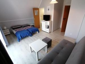 a living room with a bed and a couch at Słoneczne Uroczysko in Międzywodzie