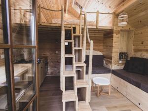 Zimmer mit Etagenbetten und einer Leiter in einer Hütte in der Unterkunft Dreamy chalet in Barvaux-sur-Ourthe with sauna and hot tub in Famenne