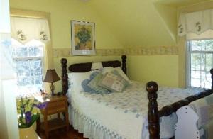 um quarto com uma cama e duas janelas em Spruce Moose Lodge em North Conway