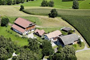 an aerial view of a house in a field at Großflatscherhof in Brunico