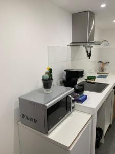 a kitchen with a microwave on top of a counter at Appart T2 in Brando