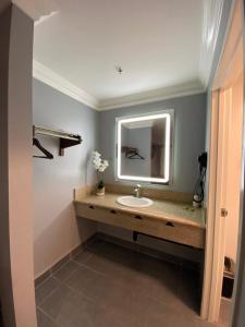 uma casa de banho com um lavatório e um espelho em ERTH INN by AGA Maywood em Maywood