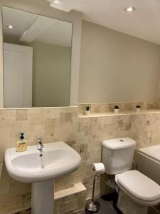 a bathroom with a sink and a toilet and a mirror at Brewery Cottage in Abingdon