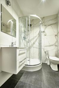 奥尔什丁Apartament Dwa Jeziora的带淋浴和卫生间的白色浴室 更多17张照片