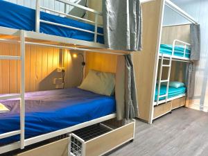凯恩斯Mumma's Hostel Cairns的客房设有2张双层床,配有蓝色床单