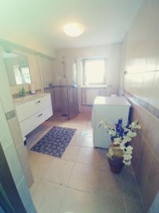 a bathroom with a shower and a toilet and a sink at Dąbrowski in Nadarzyn +30 photos