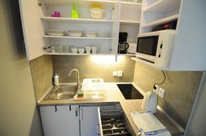 uma pequena cozinha com um lavatório e um micro-ondas em Pensjonat Magnolie em Pobierowo
