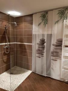 een badkamer met een douche en een glazen deur bij Ferienwohnung Bongartz in Einbeck