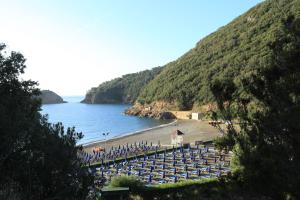 a beach with a bunch of chairs and the ocean at TH Ortano - Ortano Mare Residence in Rio Marina