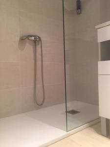 y baño con ducha y puerta de cristal. en Apartamentos Costa Azahar II, en Oropesa del Mar