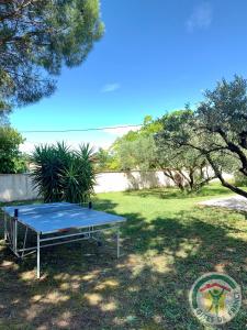 - une table de ping-pong dans une cour avec un lac dans l'établissement Mas de Plisset, à Saint-Gilles