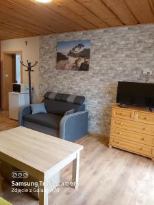 a living room with a couch and a tv at Pokoje i apartamenty u Bartka in Szczawnica