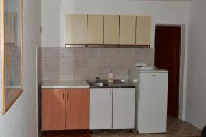 a small kitchen with a sink and a refrigerator at Una Rosa Hostel in Bihać