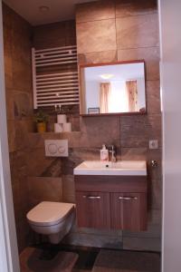 a bathroom with a toilet and a sink and a mirror at Floriande Stay in Hoofddorp