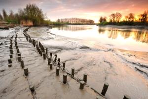 a fence in the sand next to a river at Sino in Dendermonde