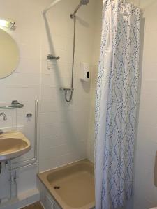 uma casa de banho com um chuveiro e um lavatório. em CoronaZeist-Utrecht NL em Zeist