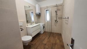 a bathroom with a toilet sink and a washing machine at Apartments Simuni 66 in Šimuni +29 photos