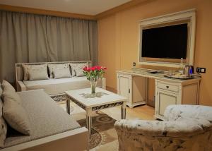 ein Wohnzimmer mit einem Sofa und einem TV in der Unterkunft El Oumnia Puerto & Spa in Tangier