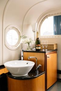- Baño con lavabo y botella de vino en Reddingsboot Harlingen Boat, en Harlingen