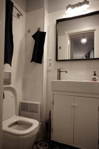 een badkamer met een toilet, een wastafel en een spiegel bij Dream apartment near the Old Tower in Rīga