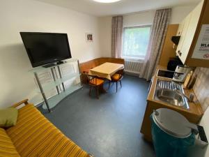 een kamer met een keuken met een bank en een tafel bij Monteurswohnung Zimmerfrei Marktheidenfeld in Marktheidenfeld