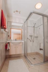 a bathroom with a shower and a glass shower stall at Gasthof Haidbach in Mittersill