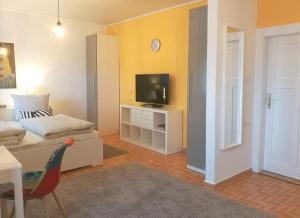 ein Wohnzimmer mit einem Bett und einem TV in der Unterkunft 4-Zimmer Haus in Leipzig, Nähe des Porsche in Leipzig