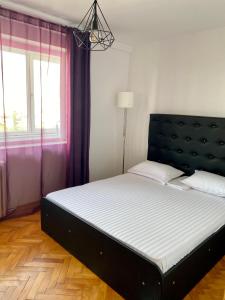 コンスタンツァにあるApartament Traianのベッドルーム1室(黒いヘッドボードと窓付)