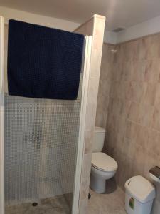 une petite salle de bain avec toilettes et douche dans l'établissement Prívate bungalow a 200 meters to Yumbo center, à Maspalomas 26 autres photos