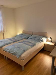 a bedroom with a bed with blue sheets and a lamp at Serviced Apartments Haus 2 in Uzwil