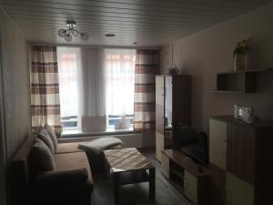 タンガーミュンデにあるFerienhaus Hof Albrechtのソファと窓のあるリビングルーム