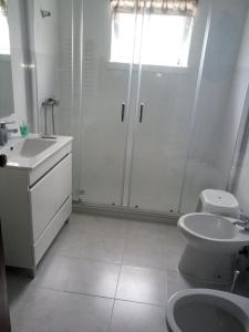 a bathroom with a shower and a toilet and a sink at Dona Julia in Santa Cruz das Flores