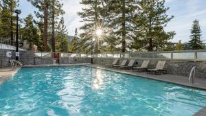 Holiday Inn Club Vacations - Tahoe Ridge Resort, an IHG Hotel في ستيتلاين: مسبح فيه كراسي واشجار في الخلف