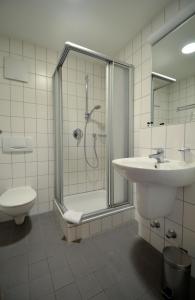 a bathroom with a shower and a sink and a toilet at Wasserburg Rindern in Kleve