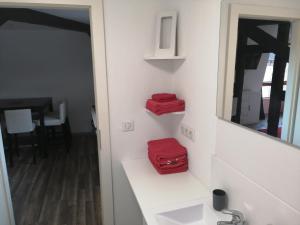a bathroom with two red bags on a counter next to a mirror at Magnifique gîte plein centre de Sélestat in Sélestat +8 photos
