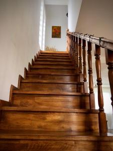 - un escalier dans une maison en bois dans l'établissement Casa Paunescu, à Miloştea