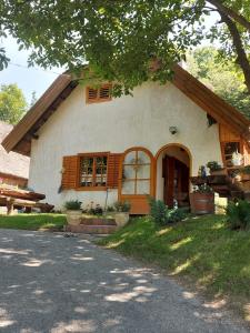 una pequeña casa blanca con una puerta grande en Landhaus mit Weinkeller - Nádas Pince, en Szőlősgyörök