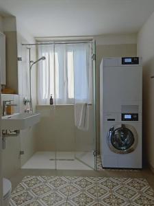 y baño con lavadora y lavamanos. en Lake View Apartments Beinwil am See (30 km to Lucerne), en Beinwil