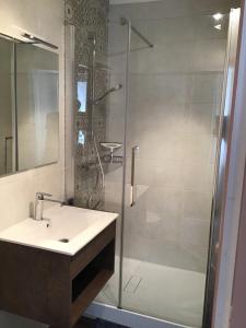 y baño con lavabo y ducha acristalada. en La Maison de Soso en Chambon-le-Château