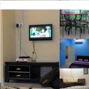 two pictures of a living room with a tv on the wall at RH Homestay Berhawa Dingin in Kota Bharu