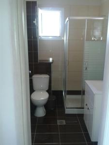 een badkamer met een toilet, een douche en een wastafel bij Panorama Hotel in Ammoudia