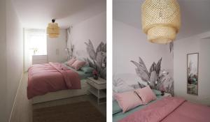 two pictures of a bedroom with a bed and a chandelier at Apartamento de diseño en el Sardinero in Santander